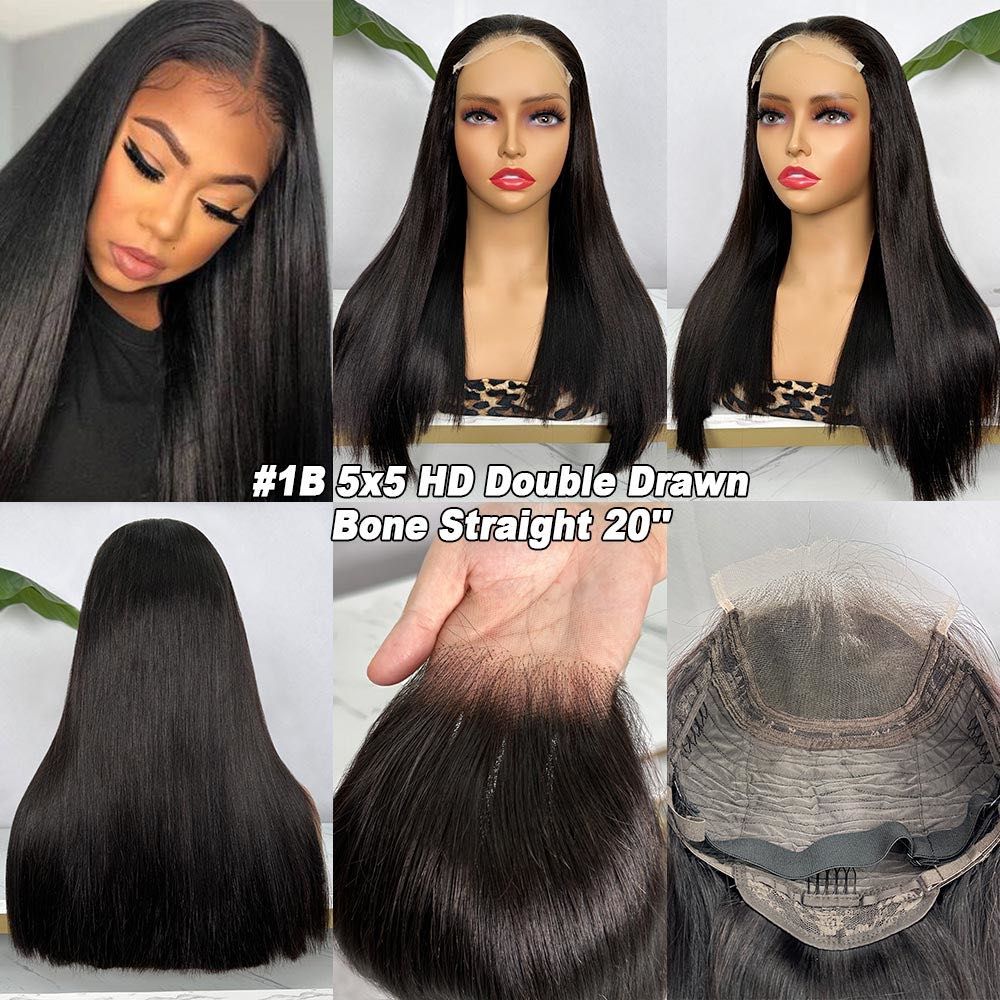 20” Bone Straight 5x5 HD Closure Wig – 300% Density Double Drawn Human Hair