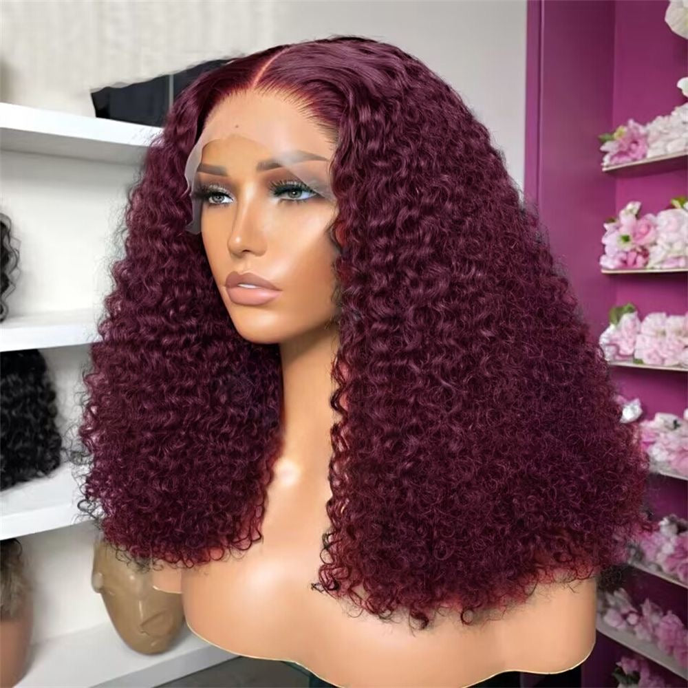 20” Burgundy Jerry Curly 13x4 Lace Frontal Wig – 300% added weight Human Hair